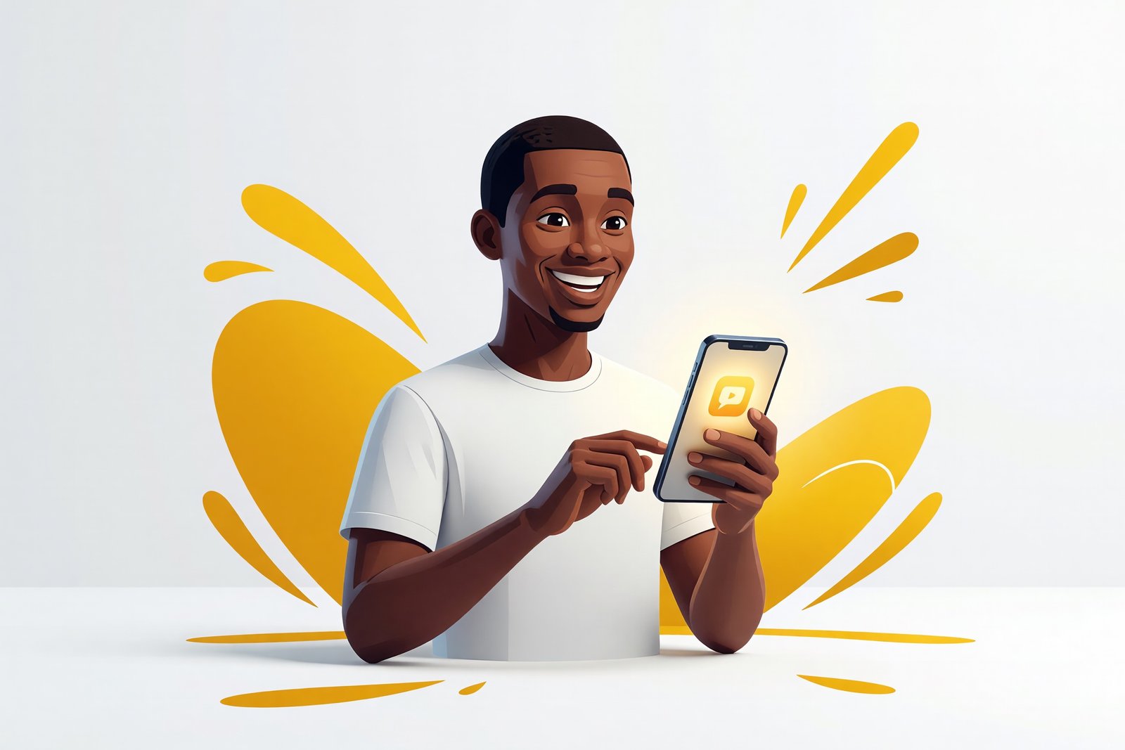 Une personne souriante qui tape un message sur son téléphone, application ouverte à la main