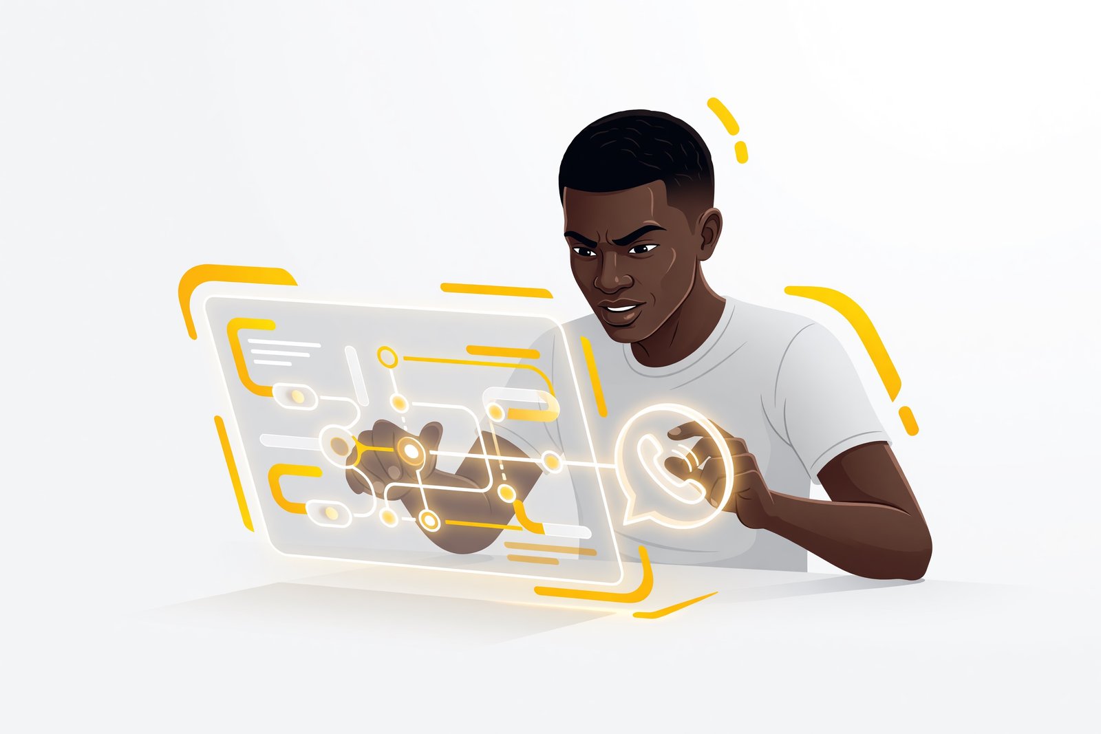 Une personne concentrée qui construit un flux automatisé connecté à WhatsApp sur son écran