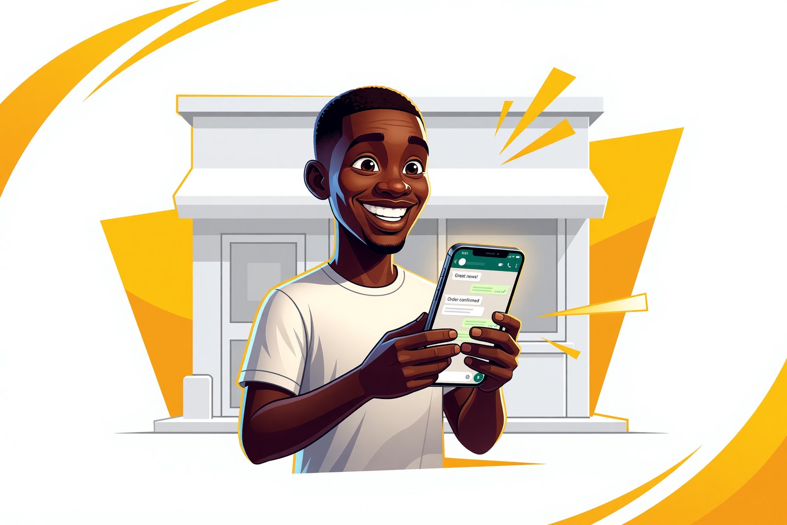 Un entrepreneur souriant qui voit son commerce fonctionner via WhatsApp sur son téléphone