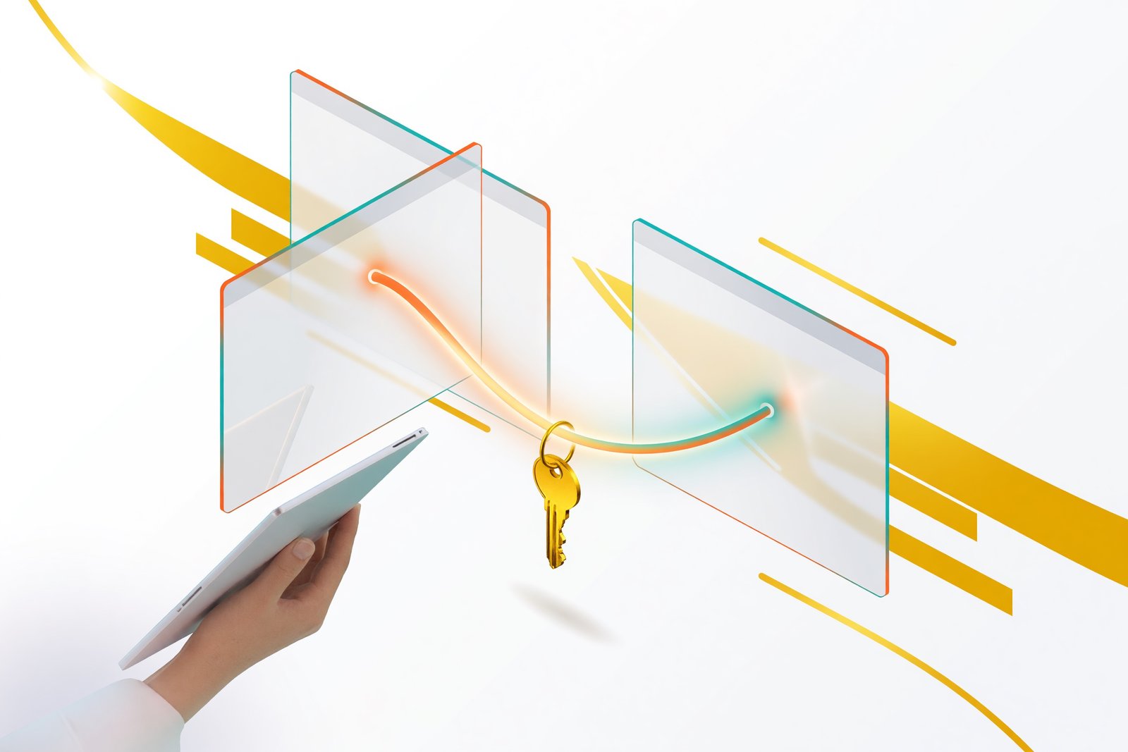 Un câble qui relie deux fenêtres d'application, une clé d'autorisation au milieu