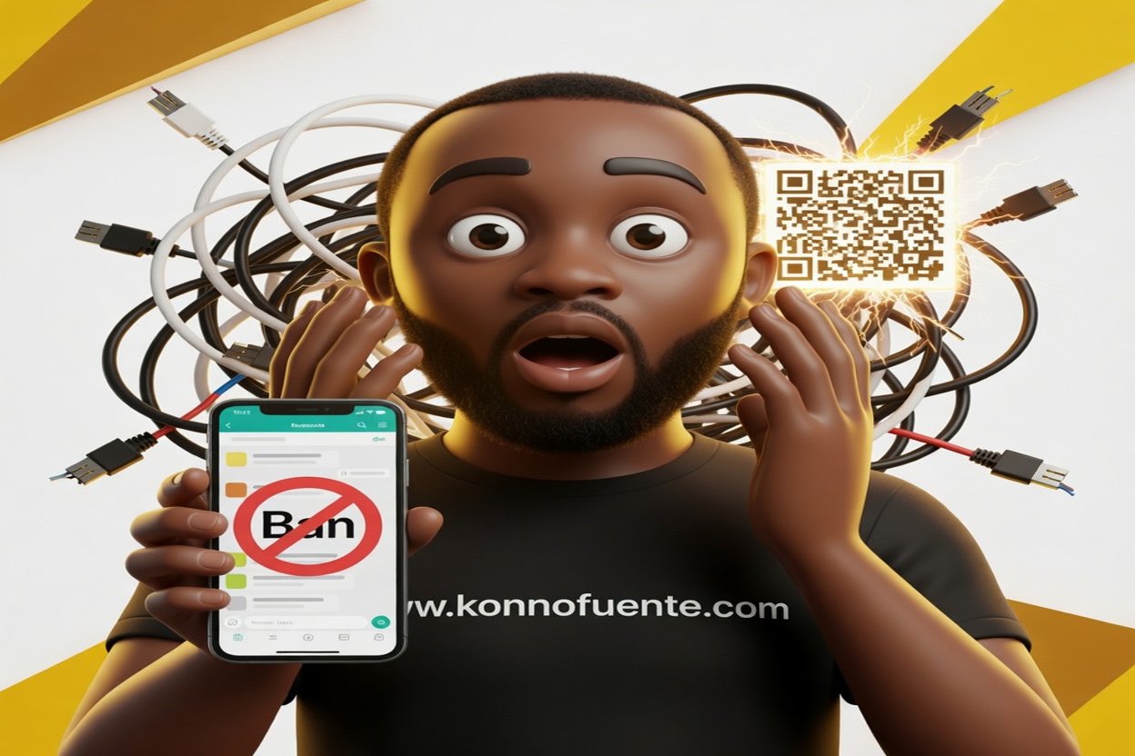 L'avatar de Konno, surpris, tient un téléphone bloqué devant des branchements non officiels