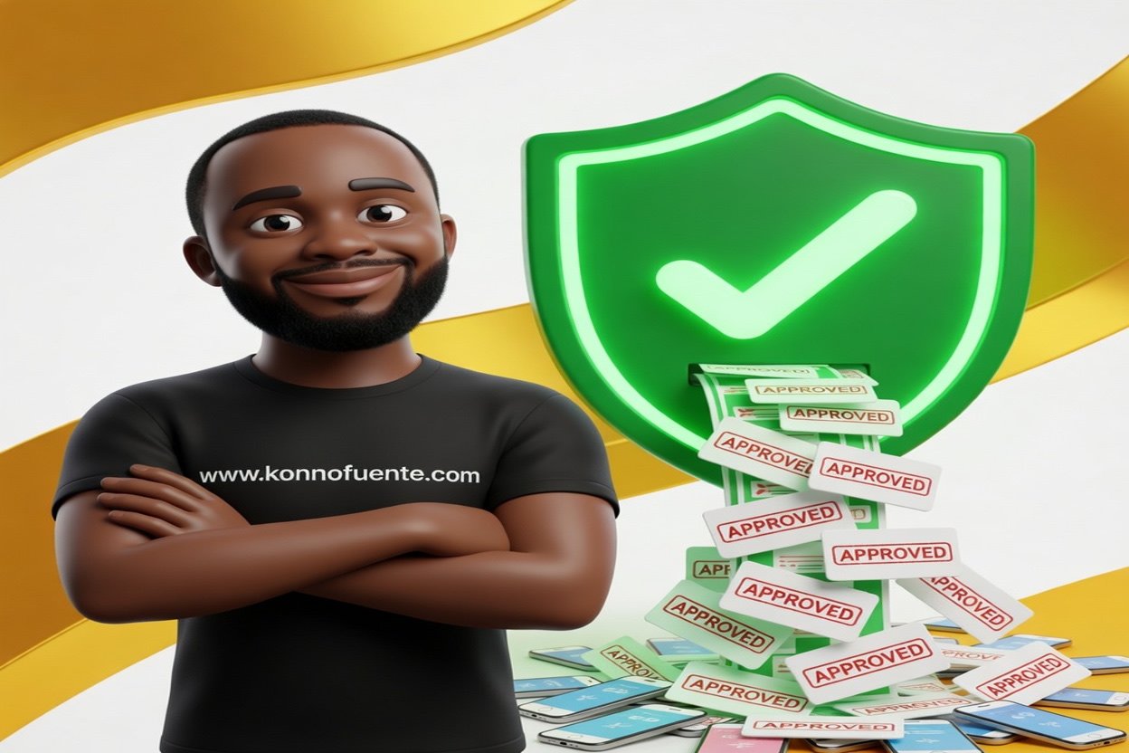 L'avatar de Konno, confiant, à côté d'un bouclier vert d'où partent des messages approuvés