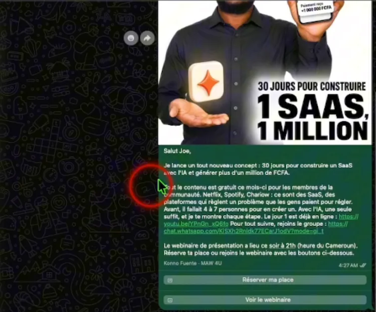 Message de diffusion reçu sur WhatsApp, avec image, prénom et deux boutons