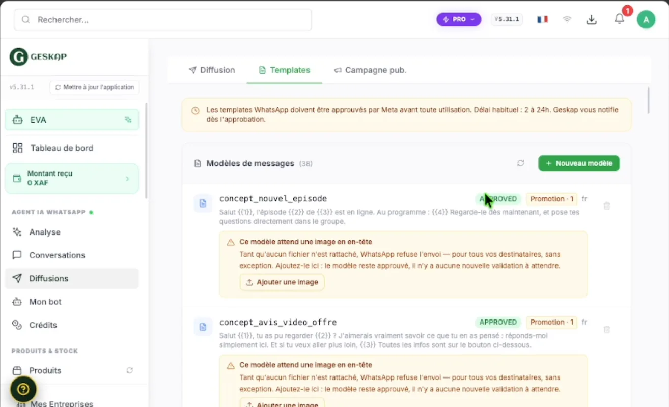 Liste des modèles de message dans Geskap, chacun avec le statut APPROVED