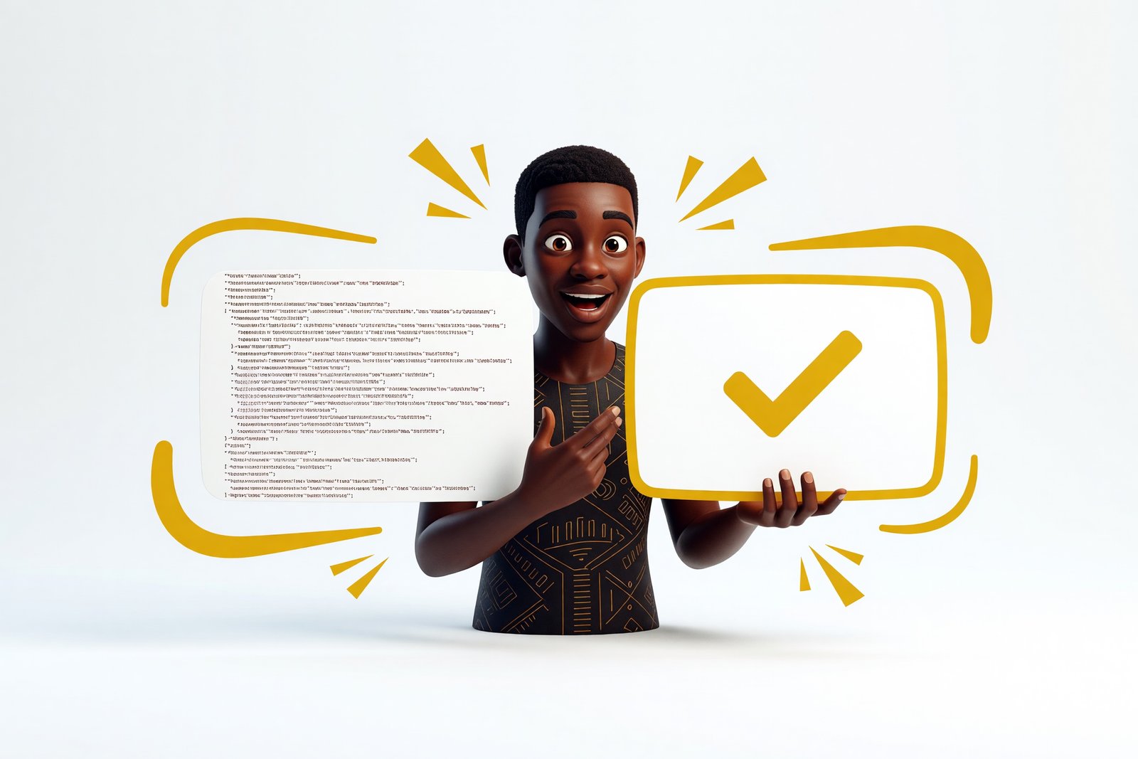 Une personne étonnée comparant du code compliqué à gauche et un simple bloc visuel à droite