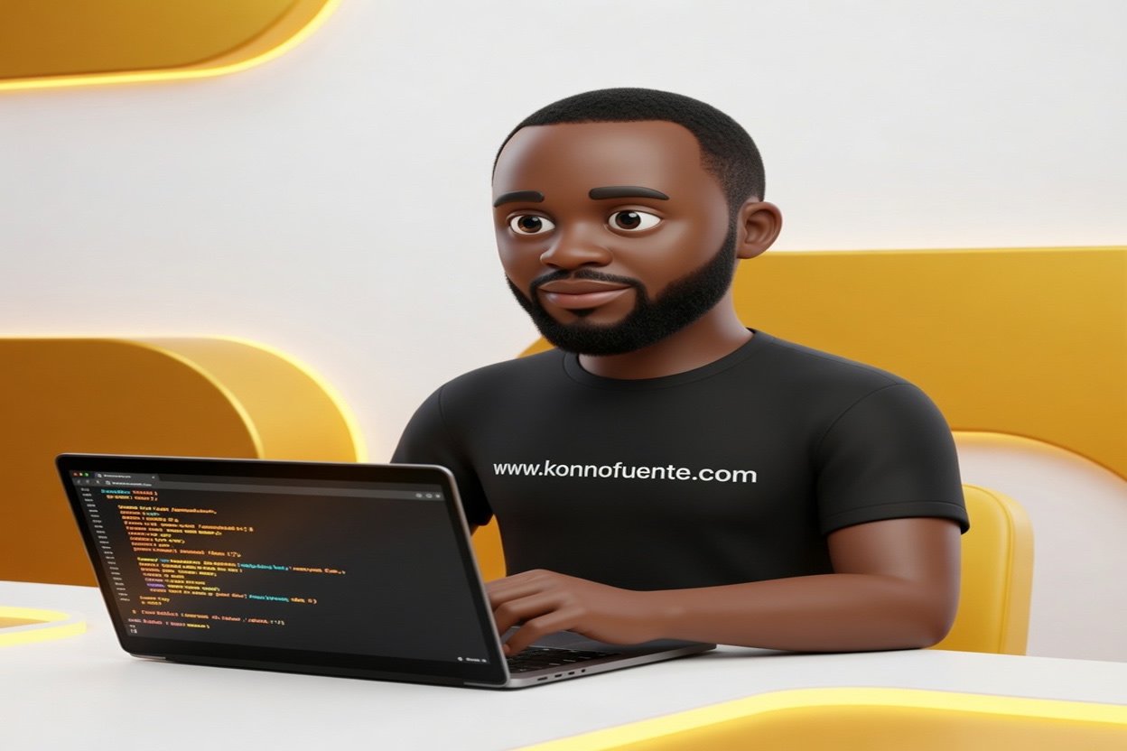 L’avatar de Konno concentré devant un ordinateur portable qui affiche un terminal