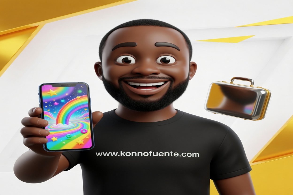L’avatar de Konno, tout sourire, montre un téléphone qui joue une vidéo animée