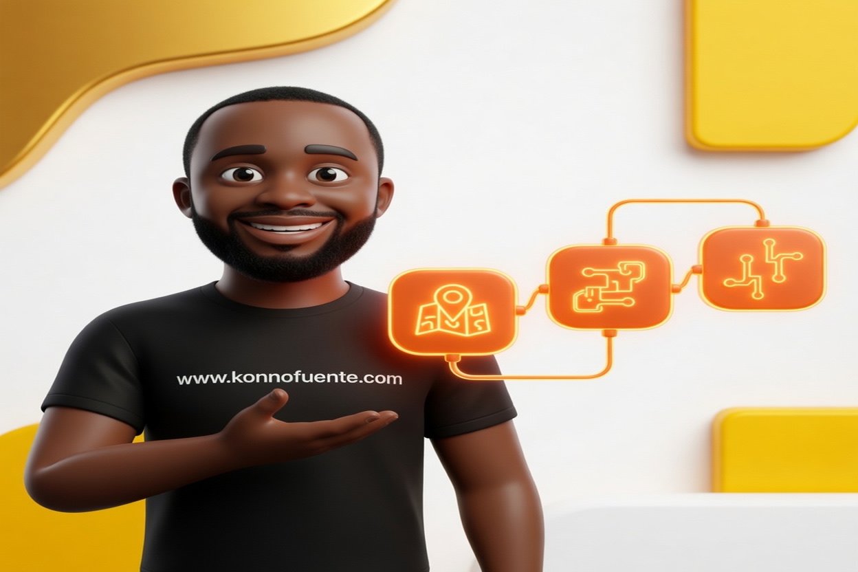 L'avatar de Konno explique un workflow de nœuds orange dont le premier affiche un repère de carte