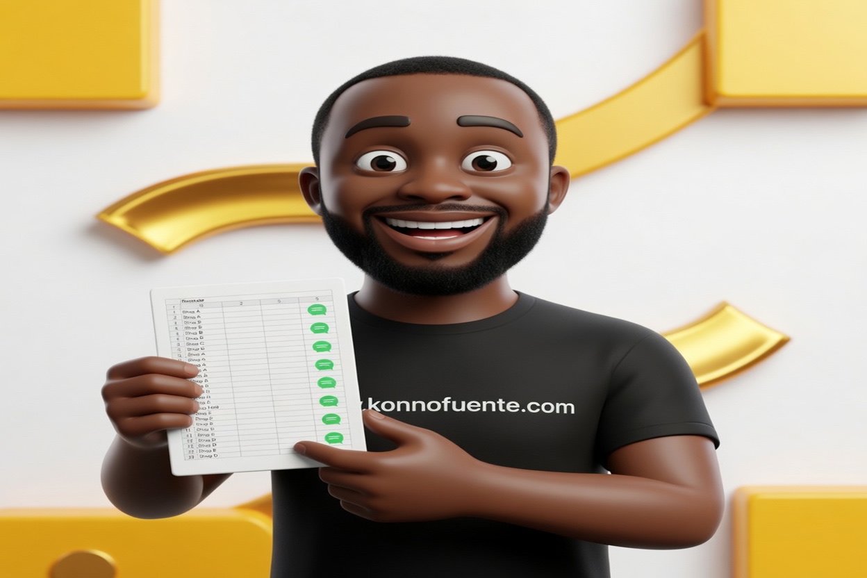 L'avatar de Konno, enthousiaste, tient un grand tableau de noms d'entreprises avec une bulle de discussion verte à côté de chaque ligne