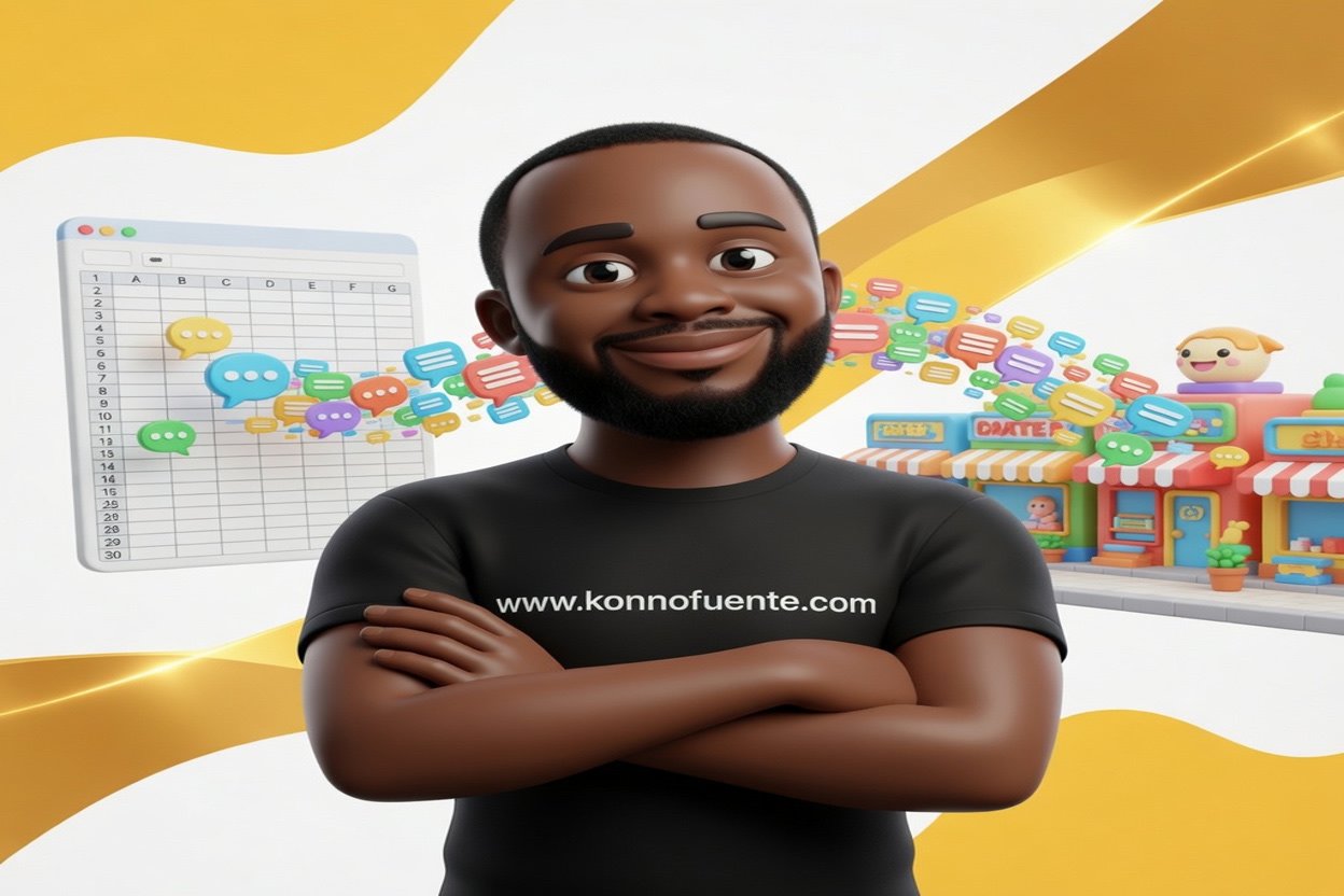 L'avatar de Konno, bras croisés, regarde des bulles de messages partir d'un tableau vers des devantures de boutiques