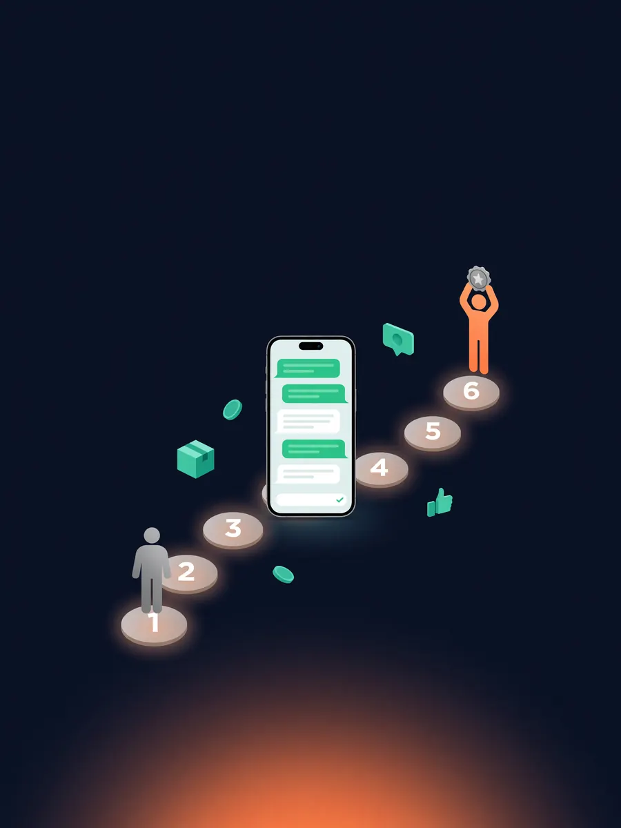 Couverture de l’e-book Vendre sur WhatsApp : un escalier de 6 marches qui mène à un téléphone