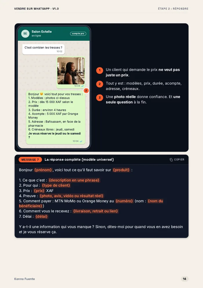 Page 14 : un exemple de réponse complète sur WhatsApp