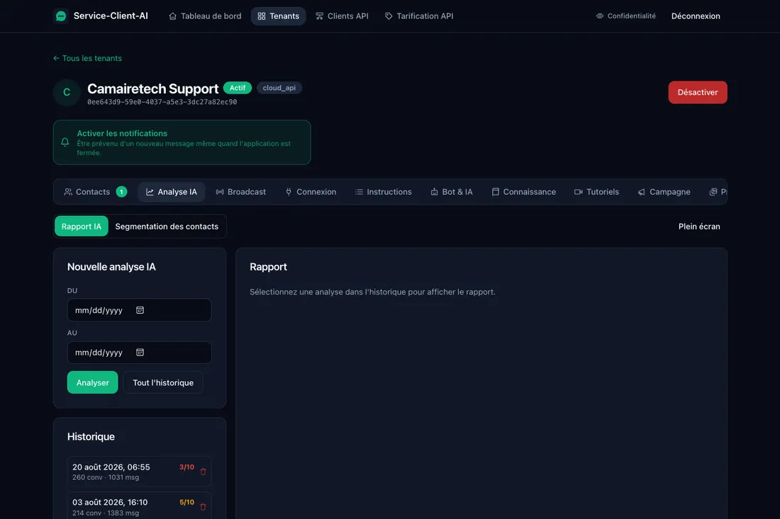 Analyse IA des conversations avec historique des rapports